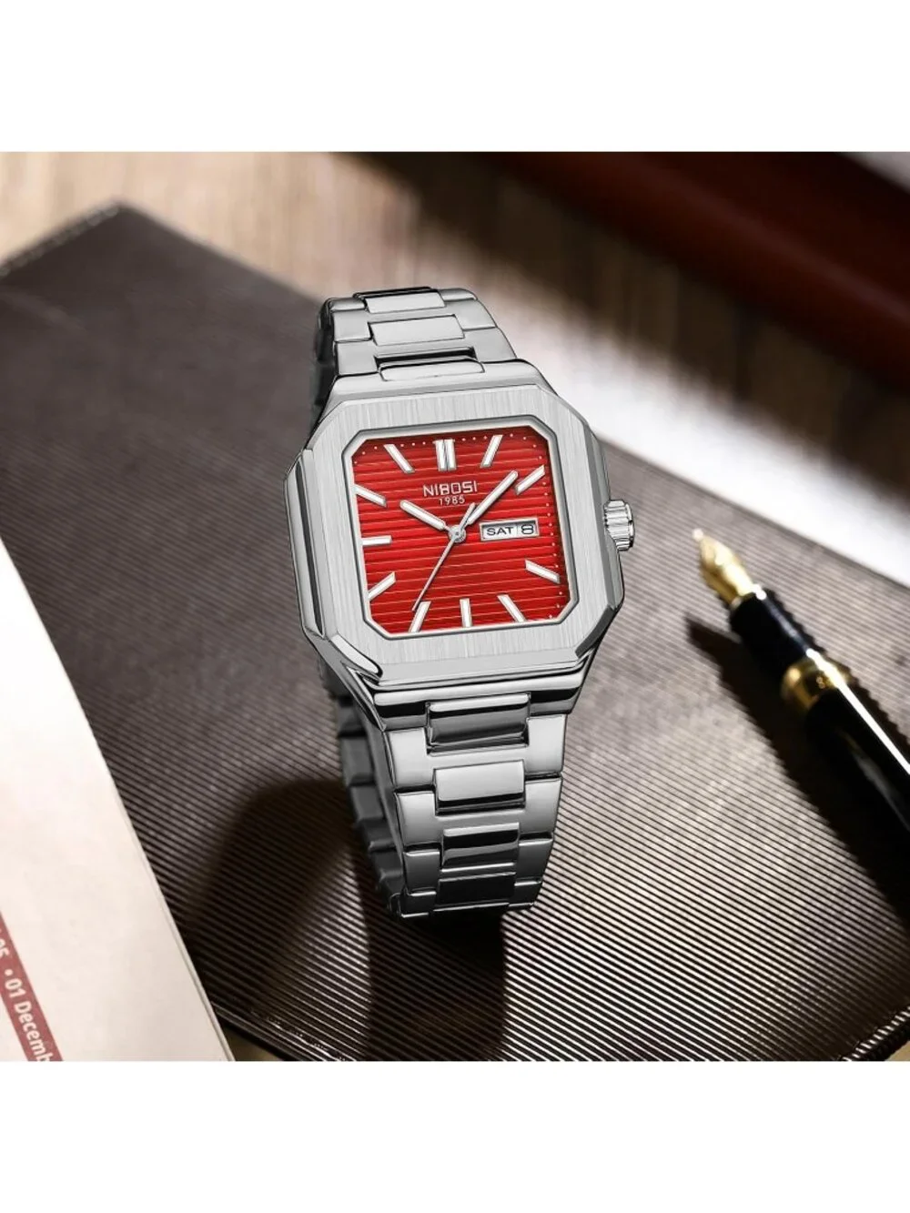 Men's Silver Red Square Analog Quartz Stainless Steel  Waterproof Wrist Watch